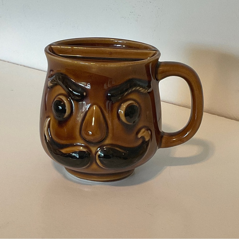 Vintage 70's mug-Mustache Guard/Coffee/Tea- brown glaze-made in japan